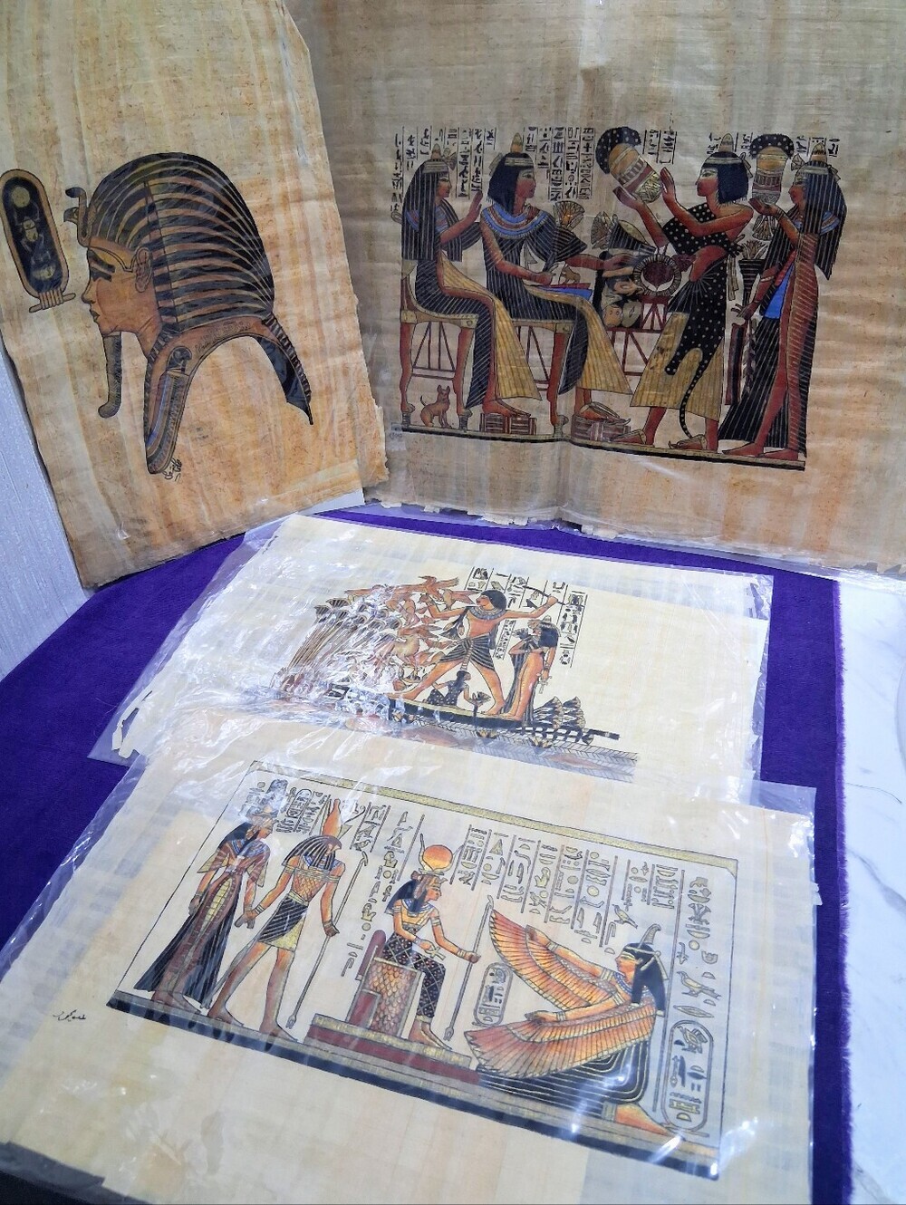 Egyptian Papyrus Art Bundle Hand-painted Delta Papyrus King Tut Winged Isis Four
